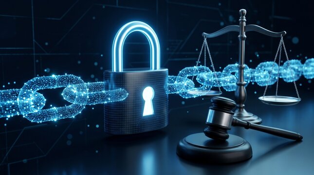Digital glowing padlock chain and scales of justice representing cyber law with digital security data protection internet security information technology blockchain