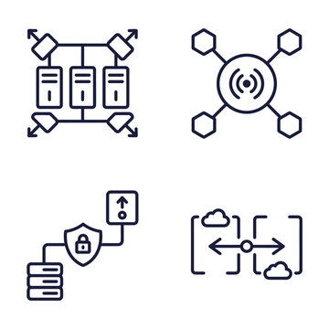 Network infrastructure icons featuring servers, cloud storage, security shields, and wireless connectivity symbols.