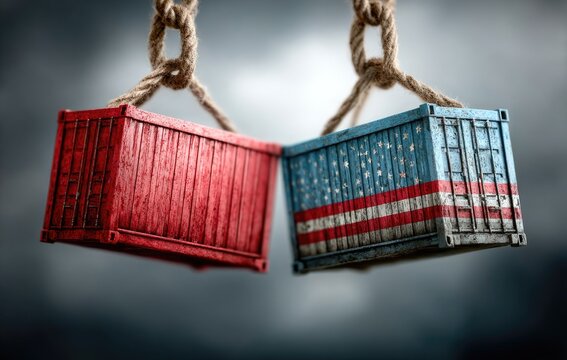 Two shipping containers, one red, one American flag, suspended by ropes against a dramatic backdrop