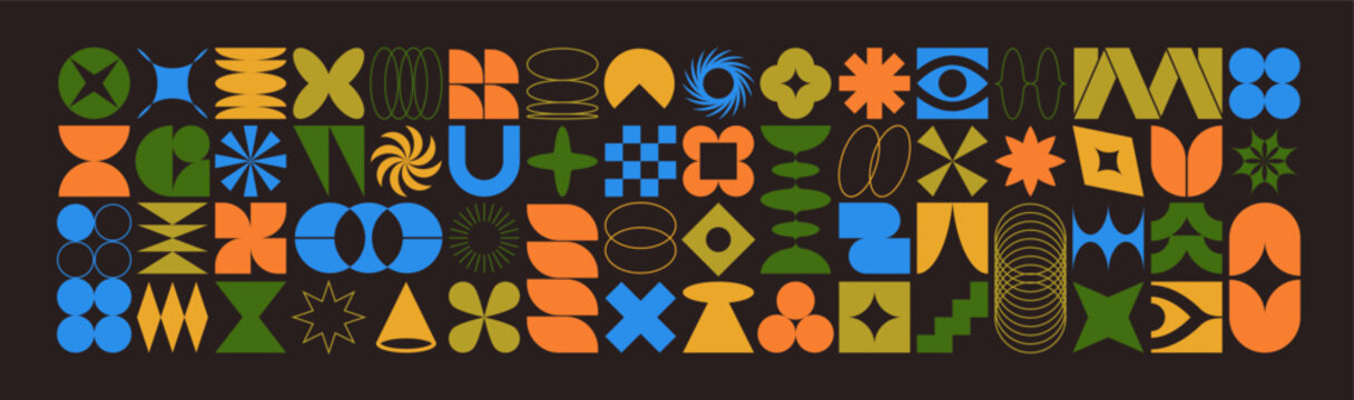 Modern retro geometric shapes in brutalist style set. Brutal minimal geometry figures, basic forms and stars. Trendy abstract design elements, digital patterns. Isolated flat vector illustrations