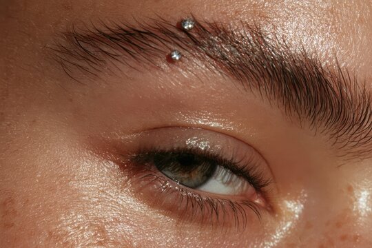 Close up view of a person's eye and eyebrow with decorative jewelry piercings