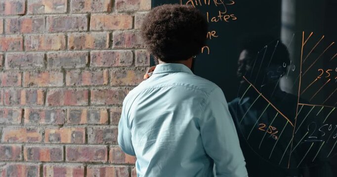 Lifestyle videos indoor of people doing activities at office, Writing on glass board, man listing it