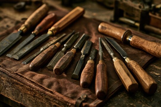 Woodworking chisels and hand tools resting on a leather roll, showcasing artisan craftsmanship