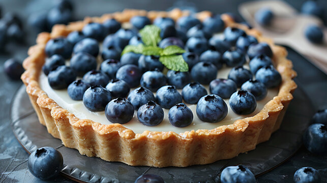 Delicate dessert tart decorated with vibrant fresh blueberries and green mint leaves on a dark surface background ready for delicious bakery presentation photography concept with sweet pastry shell cr