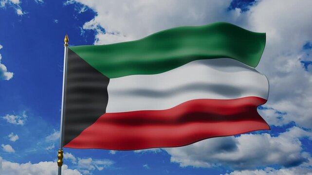 Kuwait Flag Waving Against Blue Sky
