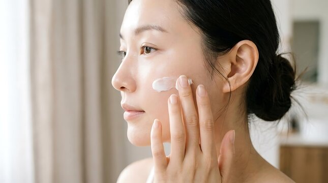 Beautiful Asian woman performing her daily skincare routine by applying facial moisturizer for glowing skin, achieving a healthy look through a consistent skincare routine for hydration as part of her
