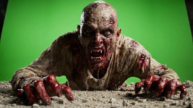 Terrifying zombie crawling towards camera on green screen, horror makeup and special effects for cinematic production