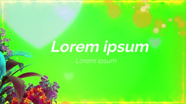 Greenscreen video background displaying customizable lorem ipsum placeholder text surrounded by lush botanical elements and soft glowing lights for broadcast lower thirds and titles.