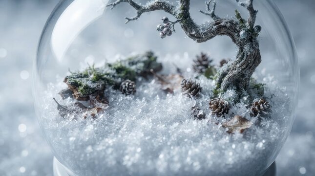 Winter snow globe with miniature tree and pinecones