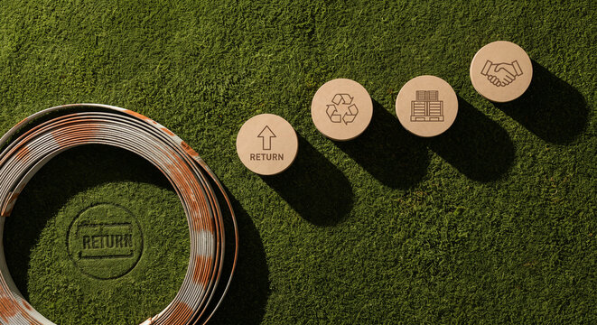 Circularity concept with recycling tokens on green background