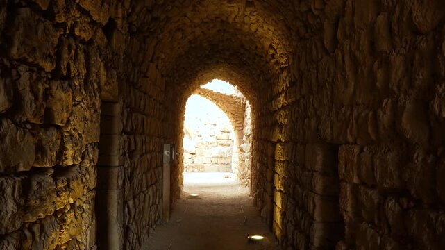 Historic Stone Tunnel Interior at Kerak Castle in Jordan.