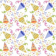 Party Poppers Seamless Pattern with Streamers and Confetti, Festive Birthday Celebration Background © San 