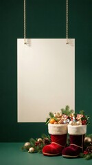Fototapeta premium Blank paper mockup hanging over Christmas stockings with gifts on green background