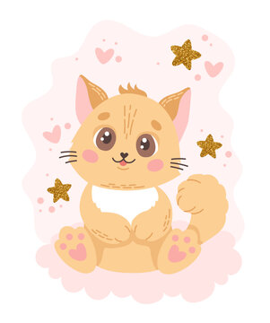 Cute cat character on a cloud. Playful baby shower birthday children poster vector illustration