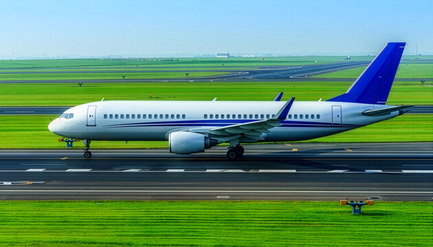 Blue Tail Jet Airliner Speeding down Airport Runway Strip surrounded by Green Grass Field under Clear Sky - Side View Stock Photo for Environmental Aviation Air Travel Logistics and Flight