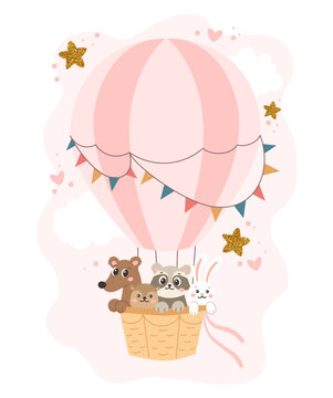 Cute baby animals on hot air balloon. Playful baby shower birthday children poster vector illustration