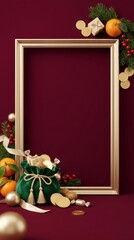 Fototapeta premium Golden frame with Christmas decorations and gift bag on burgundy background