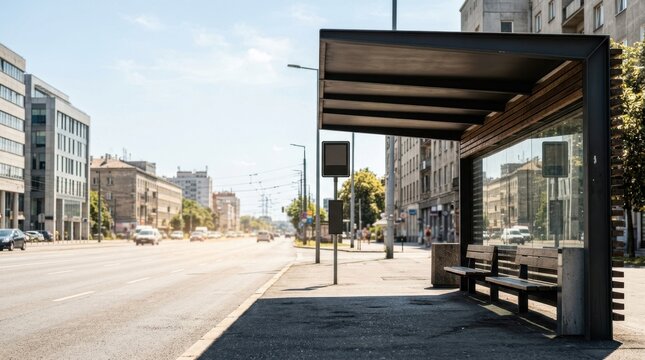 Modern empty bus stop shelter on a sunny city street. Public transportation infrastructure with wooden benches and glass walls