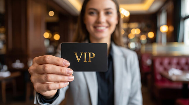 VIP card woman restaurant luxury premium lifestyle membership exclusive access. Modern contemporary stylish property. elegant upscale high-end, elite vip rich wealth, private comfort