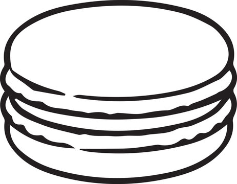 French macaron sweet cookie with cream filling line art icon. Black and white vector outline illustration for patisserie menus, cafe branding, coloring pages, KDP, and sweet sticker art.