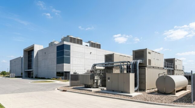 Data center backup generator infrastructure and fuel tank. Industrial power supply system for critical facilities