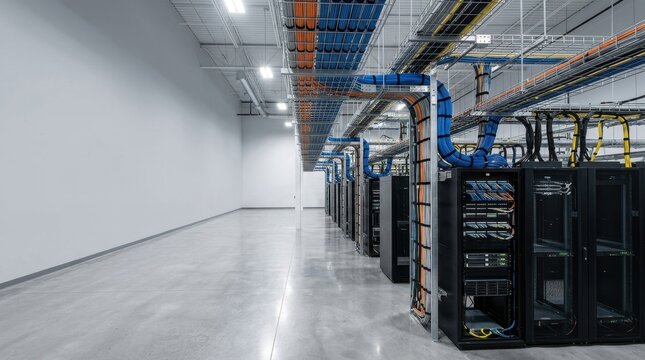 Data center overhead cable trays and server racks. Network infrastructure and structured cabling system