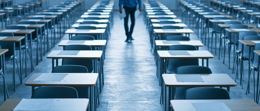 Empty exam hall with desks and papers