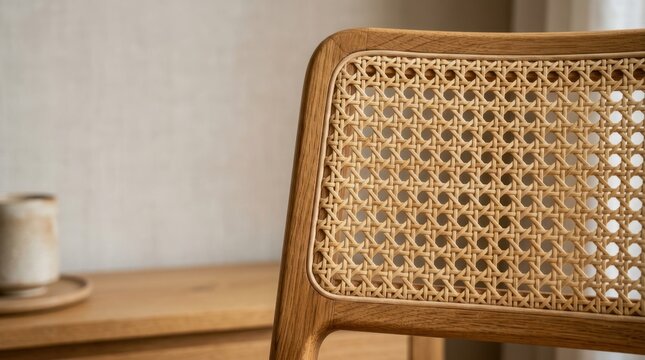Close up of a woven cane chair backrest. Detail of wooden frame and rattan weave craftsmanship