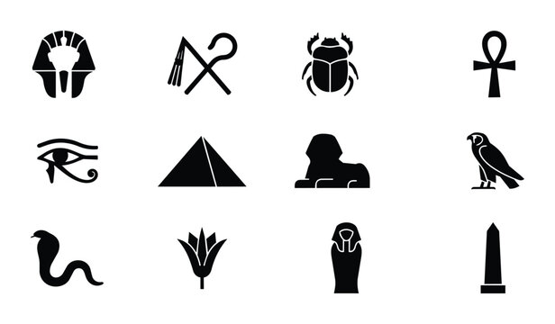 Ancient Egyptian Hieroglyphs and Symbols Collection, 12 Vector Icons Set, Pharaoh, Ankh, Scarab, Eye of Horus, Pyramid, Sphinx, Cobra, Lotus Flower, Sarcophagus, Obelisk, Falcon