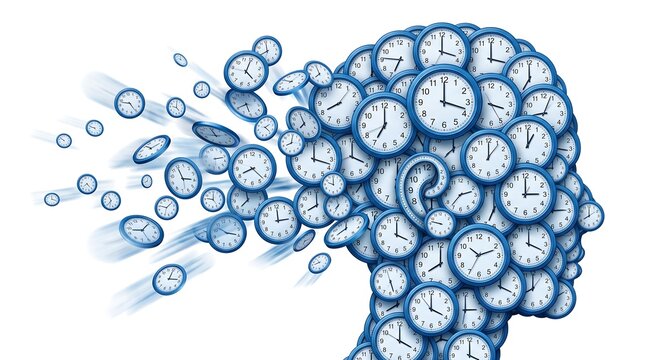 Explosion of blue analog clocks against a white background representing time pressure and deadlines