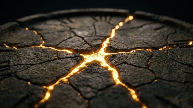 Cracked stone surface with glowing golden light shining through fissures symbolizing longevity and science research in natural elements