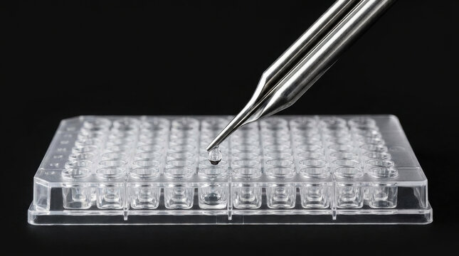 Laboratory pipette with drop on clear plastic microplate for science research and longevity study in medical lab environment