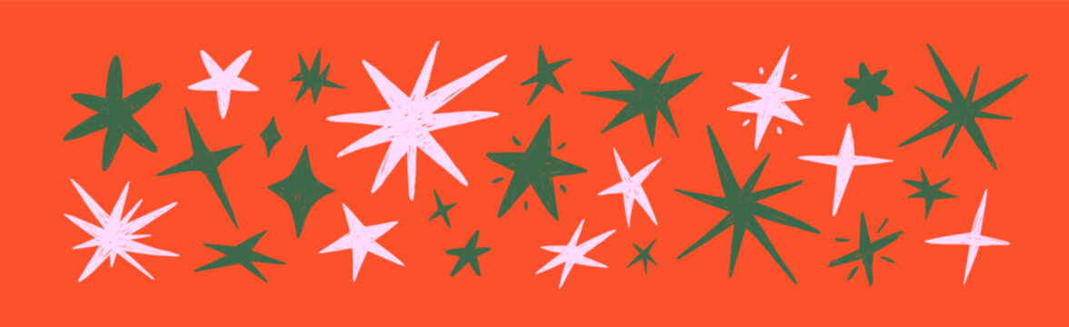 Hand-drawn stars, doodle crayon sparks. Cute Christmas stars, crayon sketch drawings. Handdrawn sparkle shapes, chalk texture paintings. Rough doodle sparks, twinkles. Vector illustrations set
