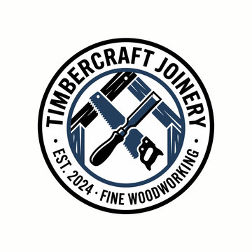 This logo embodies fine woodworking craftsmanship, featuring essential tools like a saw and chisel within a timber frame, ideal for showcasing quality joinery and woodworking expertise in branding.