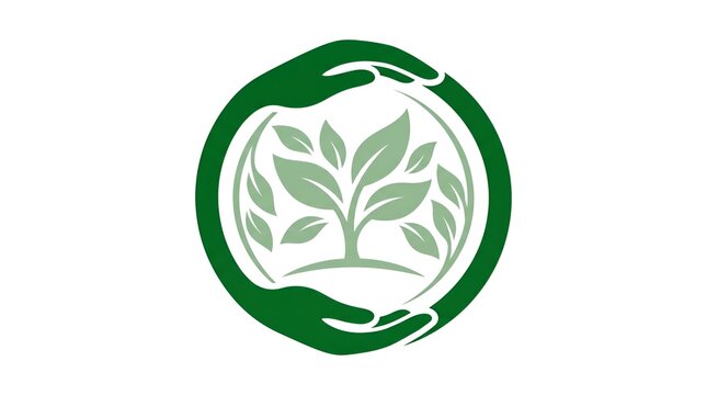 Environmental conservation logo with green hands protecting a growing plant, eco-friendly nature symbol, sustainable growth and earth care concept