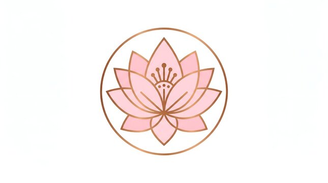 Elegant pink lotus flower logo, rose gold circular floral emblem, minimalist blooming water lily icon for wellness and beauty branding