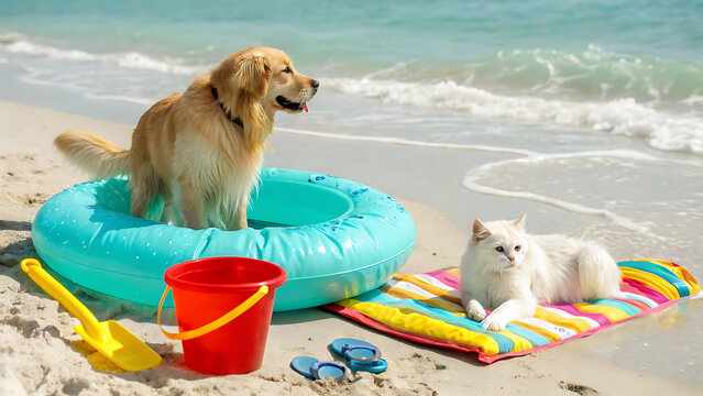 Golden retriever and white cat relaxing on a sandy beach with summer toys