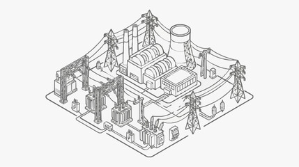Fototapeta premium Isometric Power Plant Infrastructure with Electrical Transmission Network