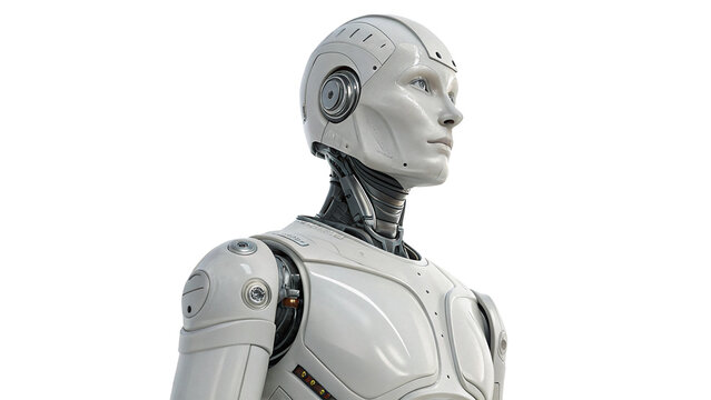 Futuristic silver humanoid robot android torso profile isolated on transparent background.
