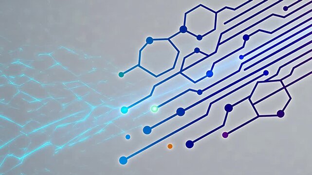 Abstract network structure with multicolored polygonal lines and dots on gray background