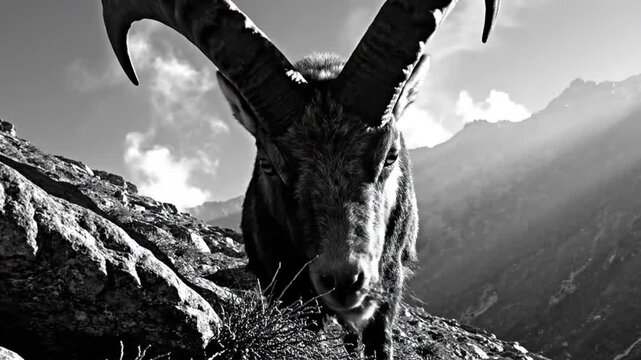 Majestic ibex with impressive horns grazing on mountain vegetation in dramatic black and white landscape