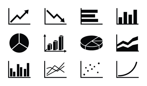 12 Black Vector Icons: Bar Charts, Line Graphs, Pie Charts, Scatter Plots, Growth & Decline Data Visualizations for Business Analytics