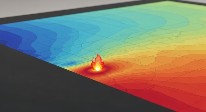 3D topographic heatmap representation of a fire event on a digital landscape projection
