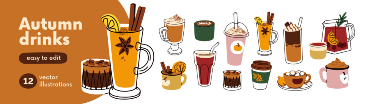Fall seasonal drinks set. Hot autumn beverages in cafe cups, mugs, glasses. Pumpkin spiced latte, coffee, cocoa with marshmallow, fruit tea. Flat vector illustrations isolated on white background