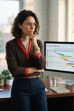 Generative AI, Thoughtful businesswoman considering a product roadmap displayed on a monitor