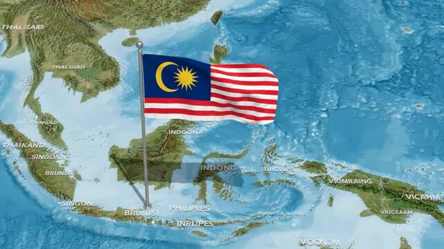 Waving malaysia flag on southeast asia map background, national symbol and, geopolitical concept