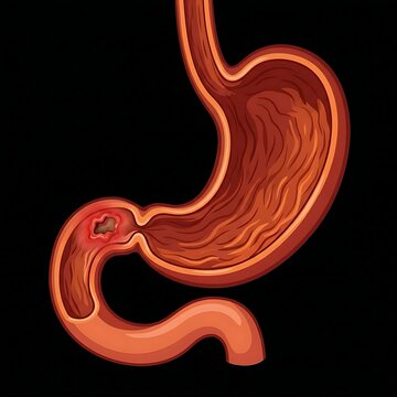 human stomach interior showcasing the rugae and muscular walls on a dark background.