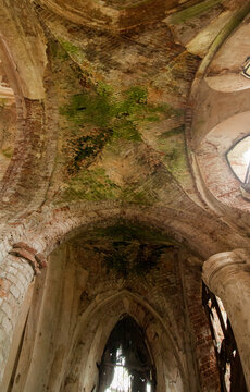 interior vaults exposed brickwork of the abandoned Neo-Gothic Church in the village of Sorotske