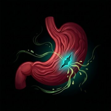 a stomach with a visible tear or perforation in its wall, allowing subtle leakage of gastric contents into the surrounding abdominal cavity. The tear is sharp and irregular, highlighted by a subtle