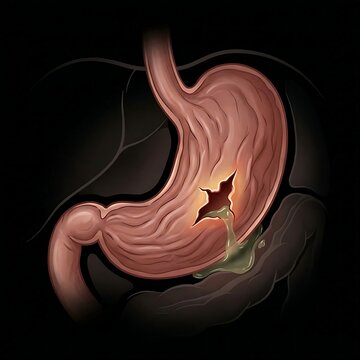a stomach with a visible tear or perforation in its wall, allowing subtle leakage of gastric contents into the surrounding abdominal cavity. The tear is sharp and irregular, highlighted by a subtle